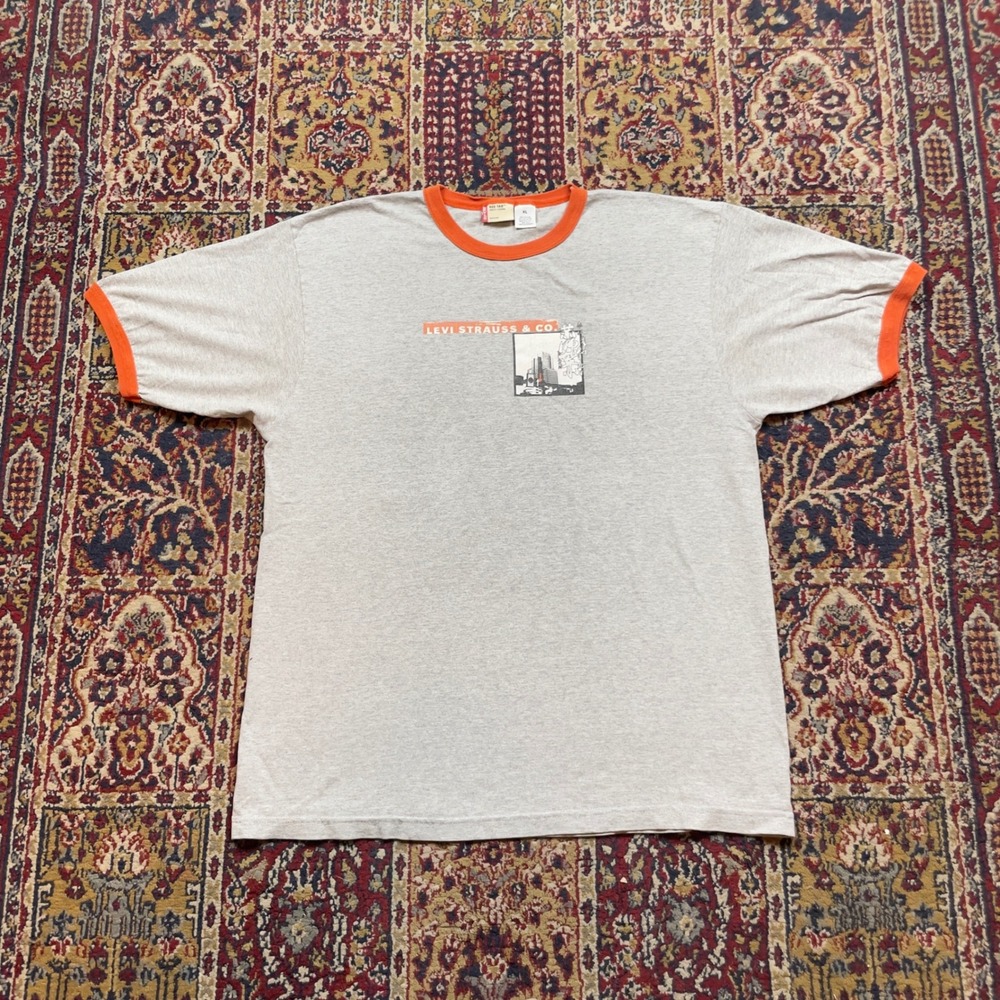 VTG RARE 90s 00s Levis Red Tab XL Ringer Japan Spell Out T Shirt Gray Orange USA